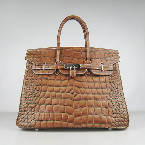 High Quality Fake Hermes Birkin 35CM Crocodile Veins Leather Bag Light Coffee 6089